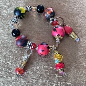 Handmade Charm Bracelet with Hand-Painted Beads & Wire-Wrapped Accents 6-7 3410